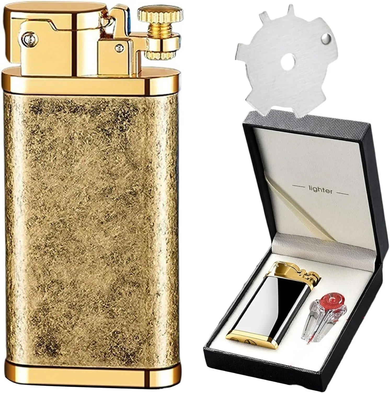 Kerosene Lighter with Gift Box ，Reusable Windproof Soft Flame Lighter ，with Flints and Lighter Accessories Set (Color : F)