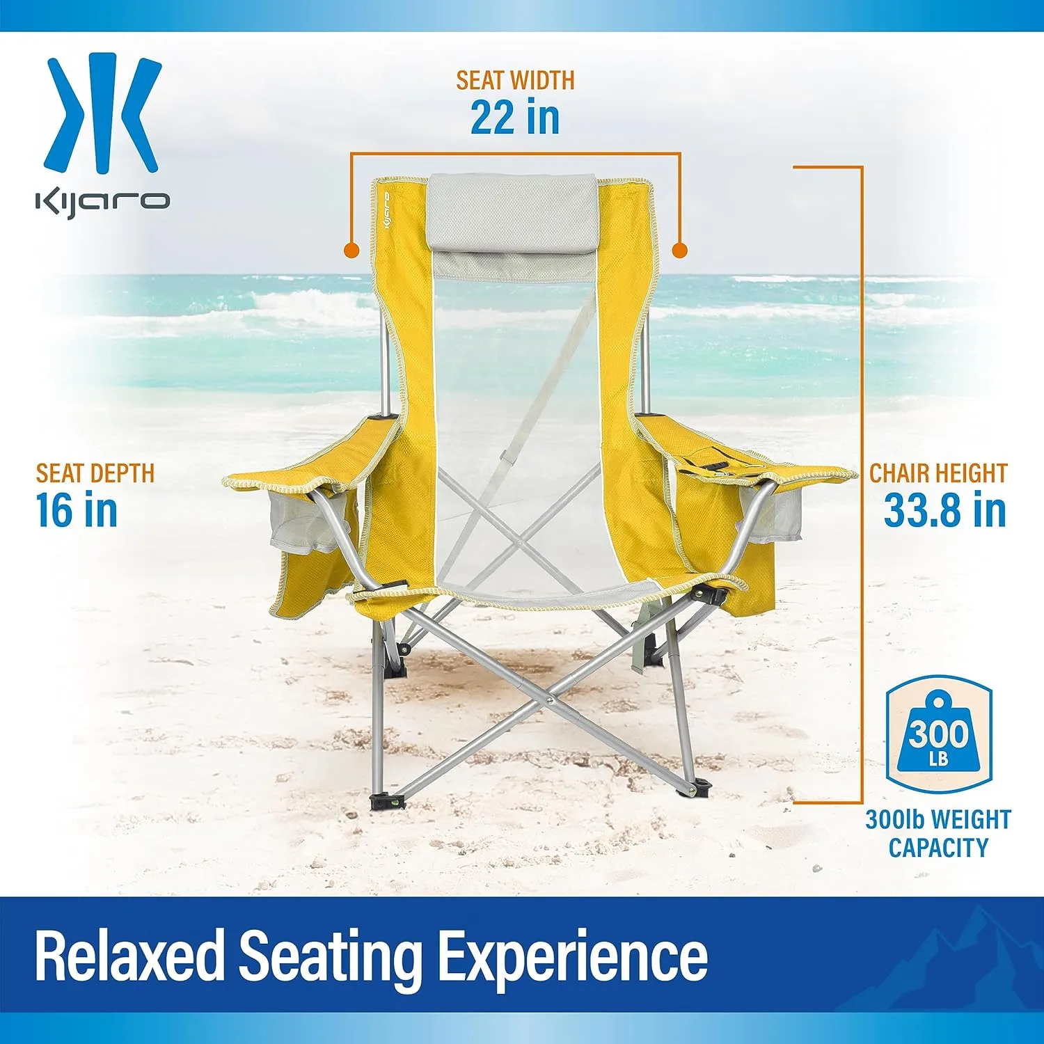 Kijaro Beach Sling Chair with Cooler Pocket - Various Fun Colors & Patterns - Perfect Beach Folding Chair and Camping Chair - Includes a Detachable Pillow