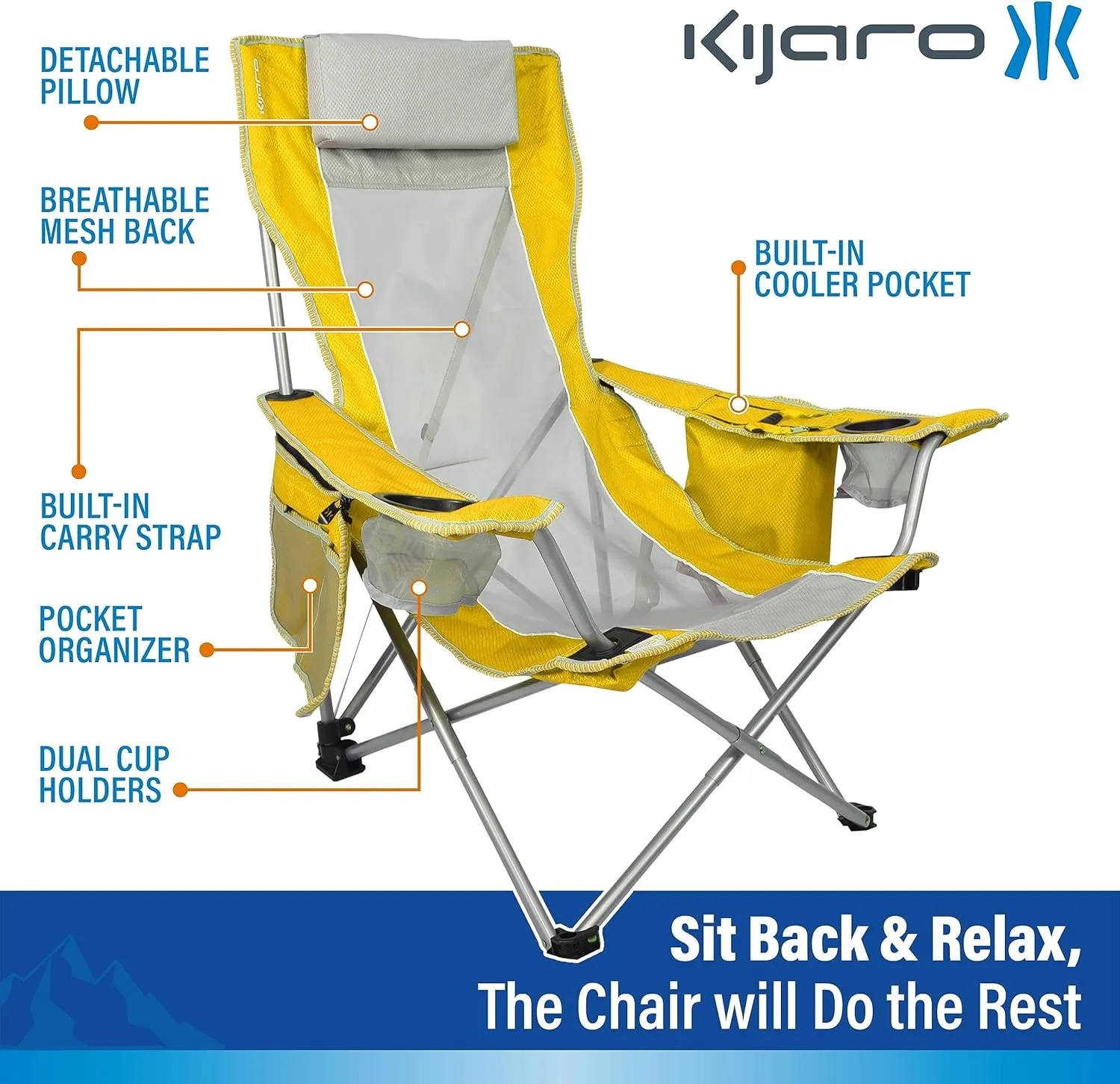 Kijaro Beach Sling Chair with Cooler Pocket - Various Fun Colors & Patterns - Perfect Beach Folding Chair and Camping Chair - Includes a Detachable Pillow