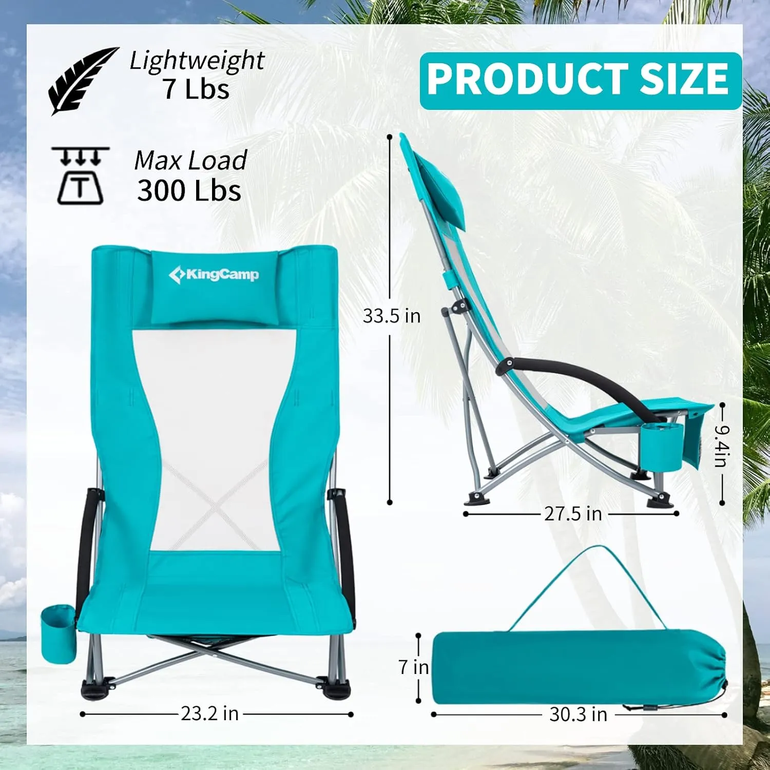 KingCamp Folding Beach Chair 2 Pack High Back Lightweight Portable Backpack Chair with Headrest, Cup Holder for Camping Outdoor Sand Concert Lawn Festival Sports, Cyan