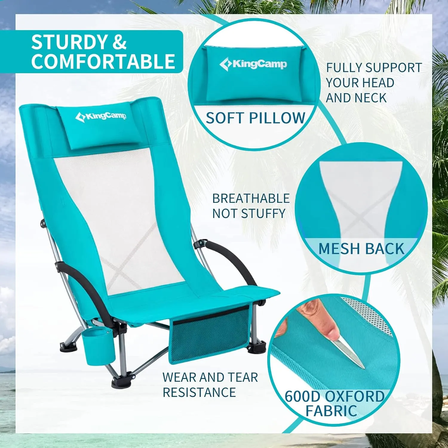 KingCamp Folding Beach Chair 2 Pack High Back Lightweight Portable Backpack Chair with Headrest, Cup Holder for Camping Outdoor Sand Concert Lawn Festival Sports, Cyan