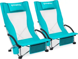 KingCamp Folding Beach Chair 2 Pack High Back Lightweight Portable Backpack Chair with Headrest, Cup Holder for Camping Outdoor Sand Concert Lawn Festival Sports, Cyan