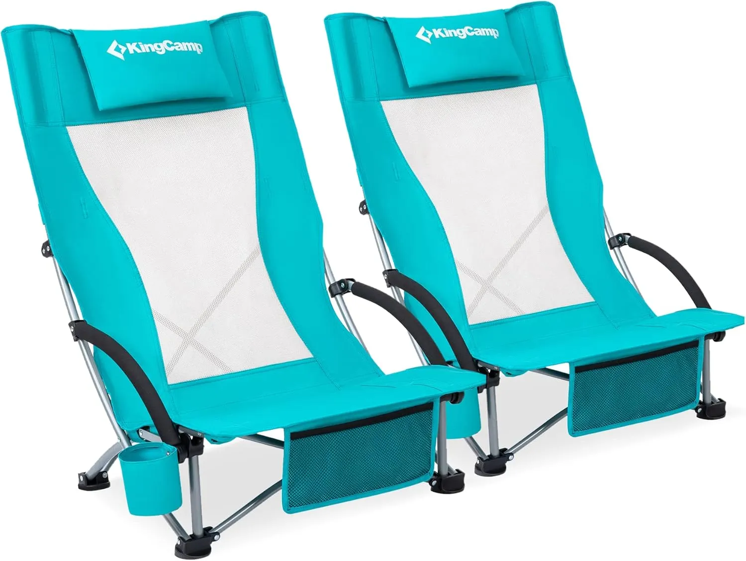 KingCamp Folding Beach Chair 2 Pack High Back Lightweight Portable Backpack Chair with Headrest, Cup Holder for Camping Outdoor Sand Concert Lawn Festival Sports, Cyan