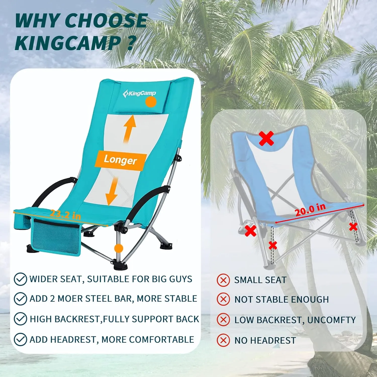 KingCamp Folding Beach Chair 2 Pack High Back Lightweight Portable Backpack Chair with Headrest, Cup Holder for Camping Outdoor Sand Concert Lawn Festival Sports, Cyan