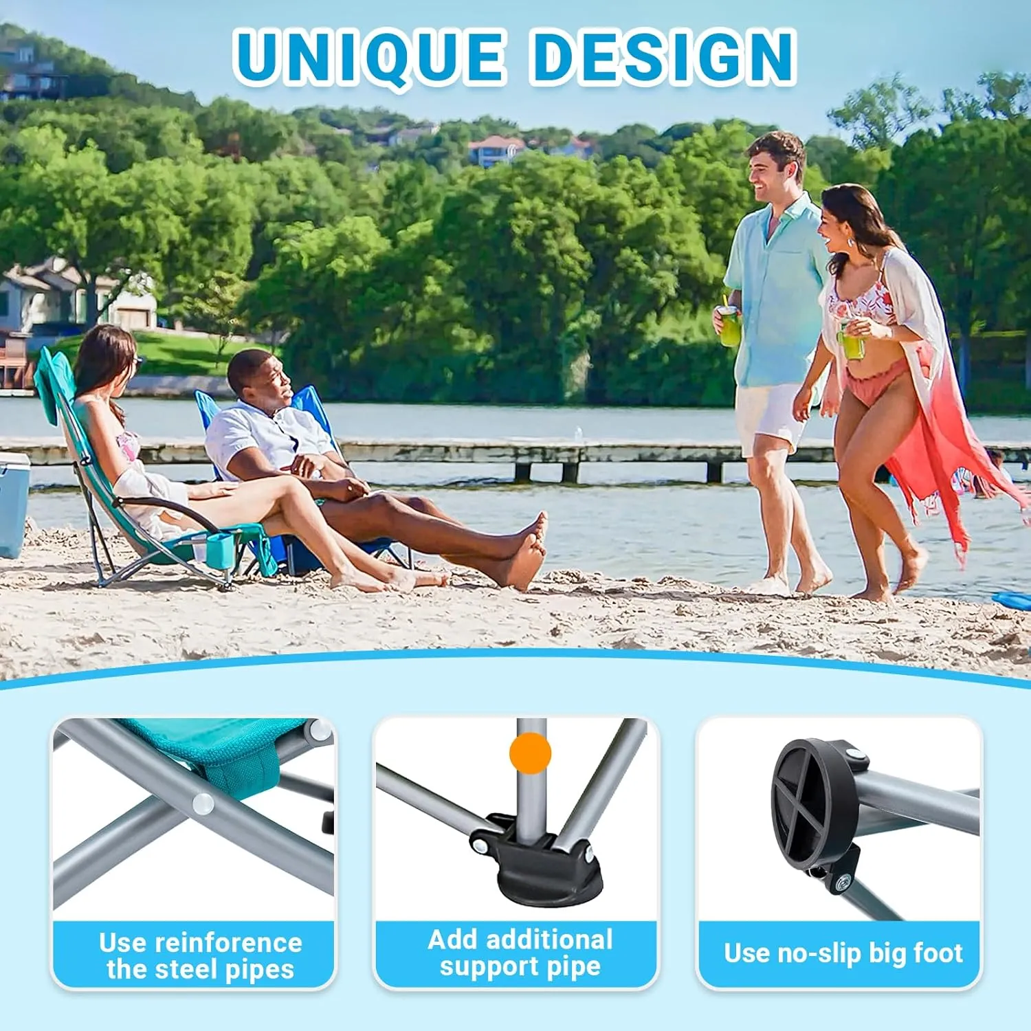 KingCamp Folding Beach Chair 2 Pack High Back Lightweight Portable Backpack Chair with Headrest, Cup Holder for Camping Outdoor Sand Concert Lawn Festival Sports, Cyan