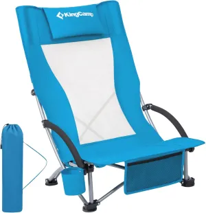 KingCamp Folding Beach Chair High Back Lightweight Portable Backpack Chair with Headrest, Cup Holder for Camping Outdoor Sand Concert Lawn Festival Sports, Blue