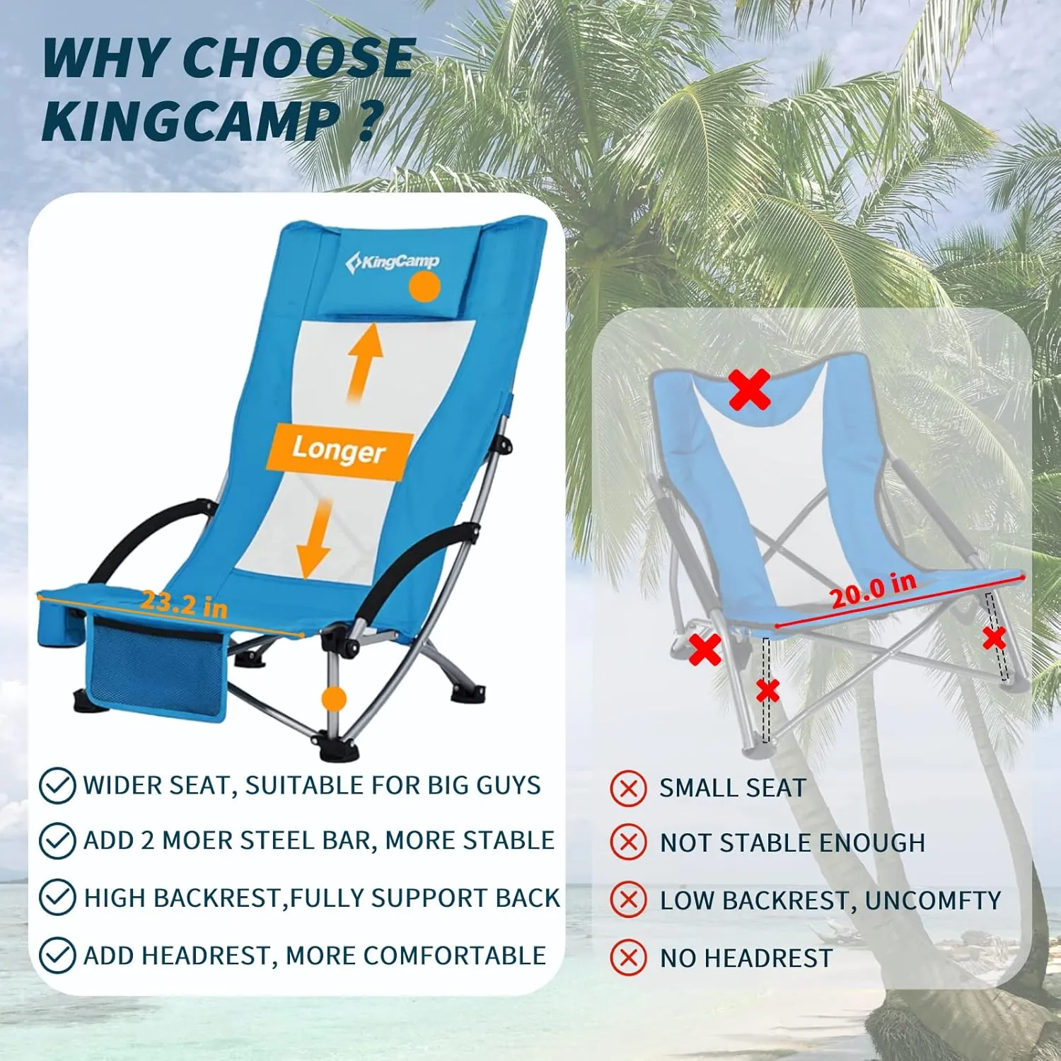 KingCamp Folding Beach Chair High Back Lightweight Portable Backpack Chair with Headrest, Cup Holder for Camping Outdoor Sand Concert Lawn Festival Sports, Blue