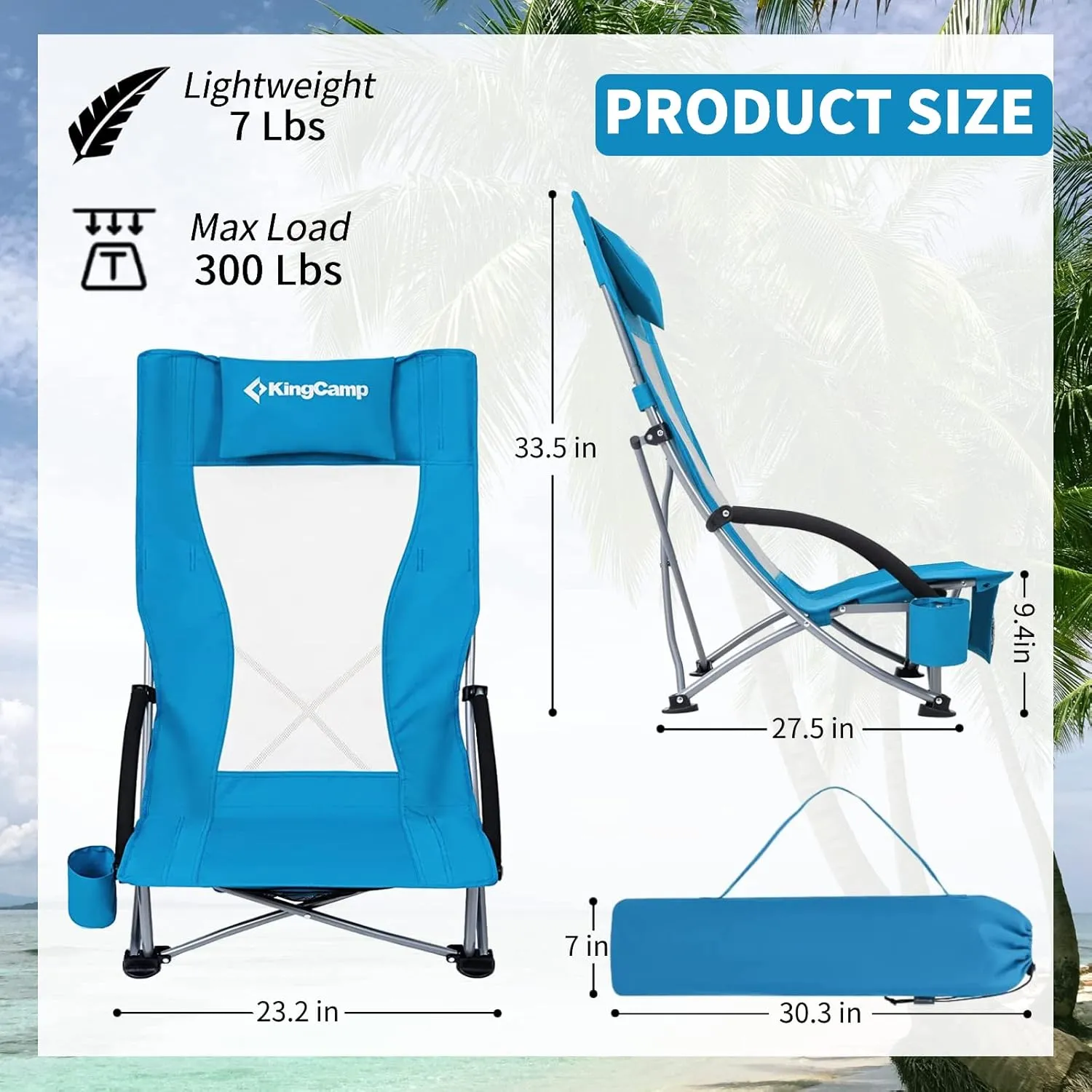 KingCamp Folding Beach Chair High Back Lightweight Portable Backpack Chair with Headrest, Cup Holder for Camping Outdoor Sand Concert Lawn Festival Sports, Blue