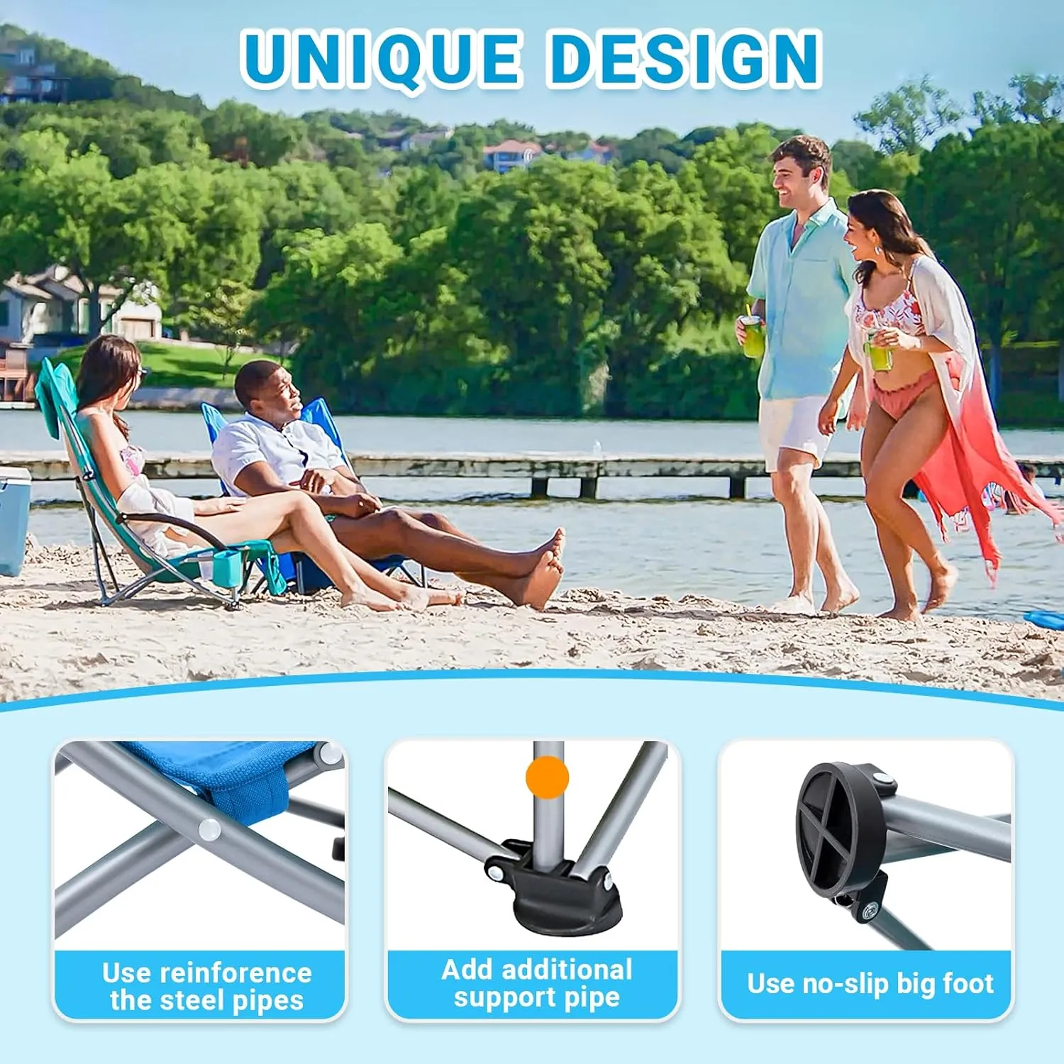 KingCamp Folding Beach Chair High Back Lightweight Portable Backpack Chair with Headrest, Cup Holder for Camping Outdoor Sand Concert Lawn Festival Sports, Blue