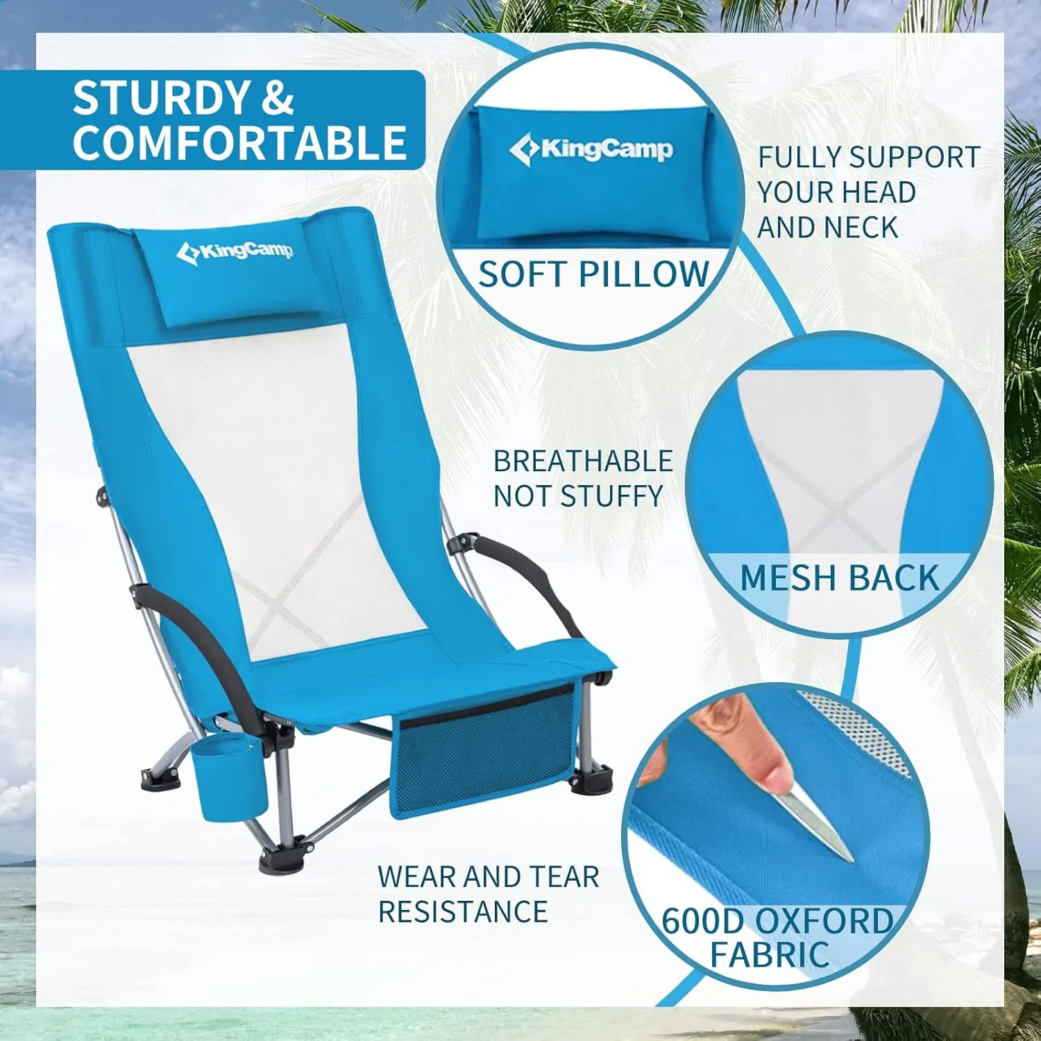 KingCamp Folding Beach Chair High Back Lightweight Portable Backpack Chair with Headrest, Cup Holder for Camping Outdoor Sand Concert Lawn Festival Sports, Blue