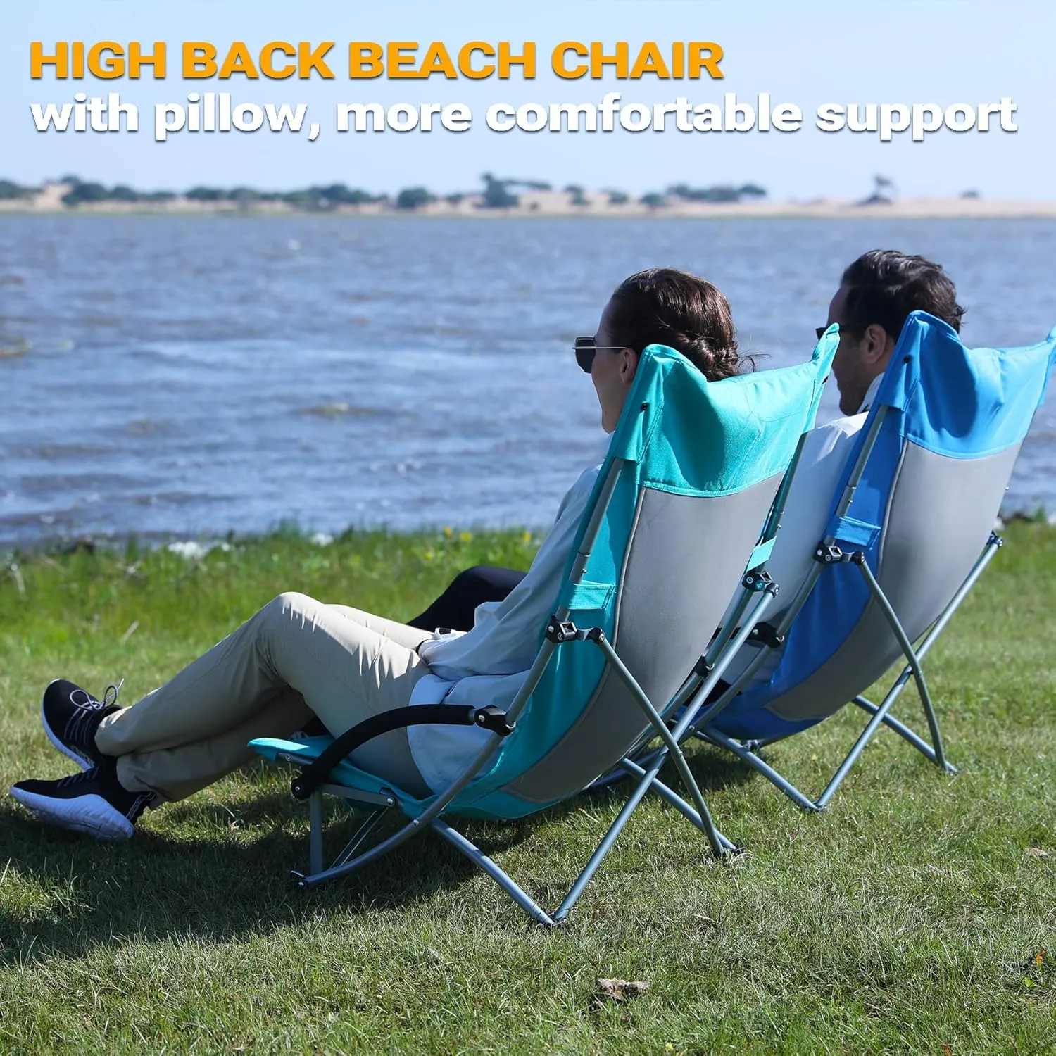 KingCamp Low Beach Chairs, Portable Folding Chair for Adults Extra Wide Ergonomic High Back Seat 300lbs Heavy Duty Lightweight Oversized Gear with Carry Bag for Outdoor Lawn Camping Picnic