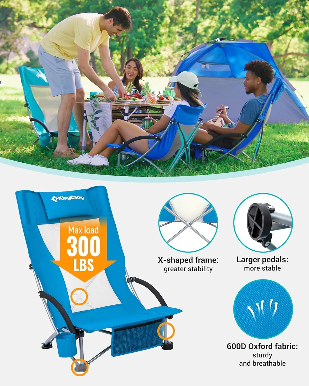 KingCamp Low Beach Chairs, Portable Folding Chair for Adults Extra Wide Ergonomic High Back Seat 300lbs Heavy Duty Lightweight Oversized Gear with Carry Bag for Outdoor Lawn Camping Picnic