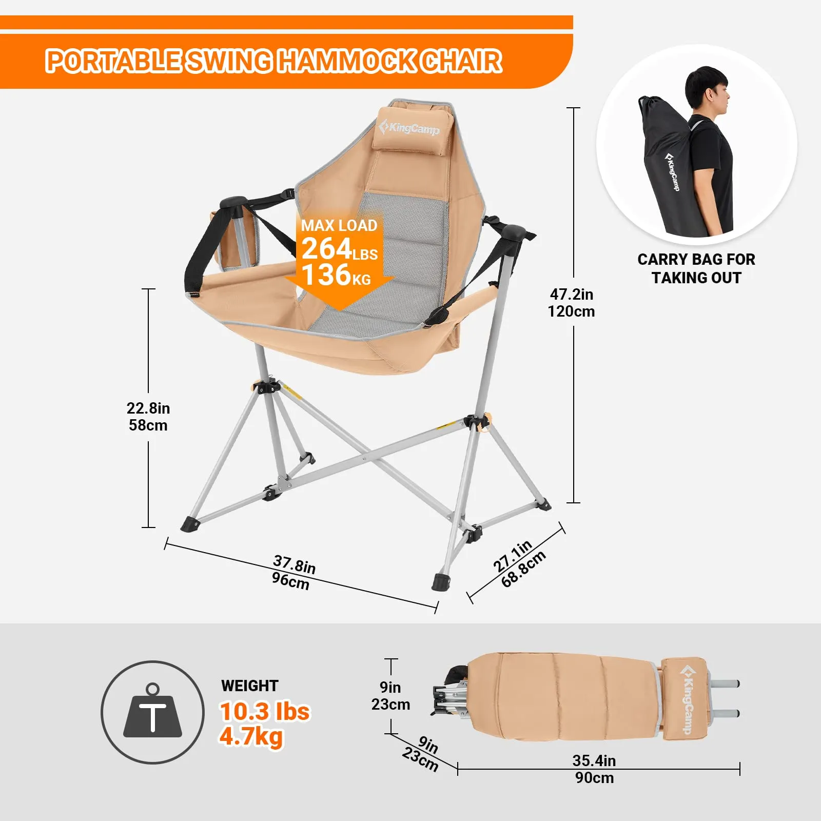 KingCamp Portable Swing Recliner Chair with Pillow