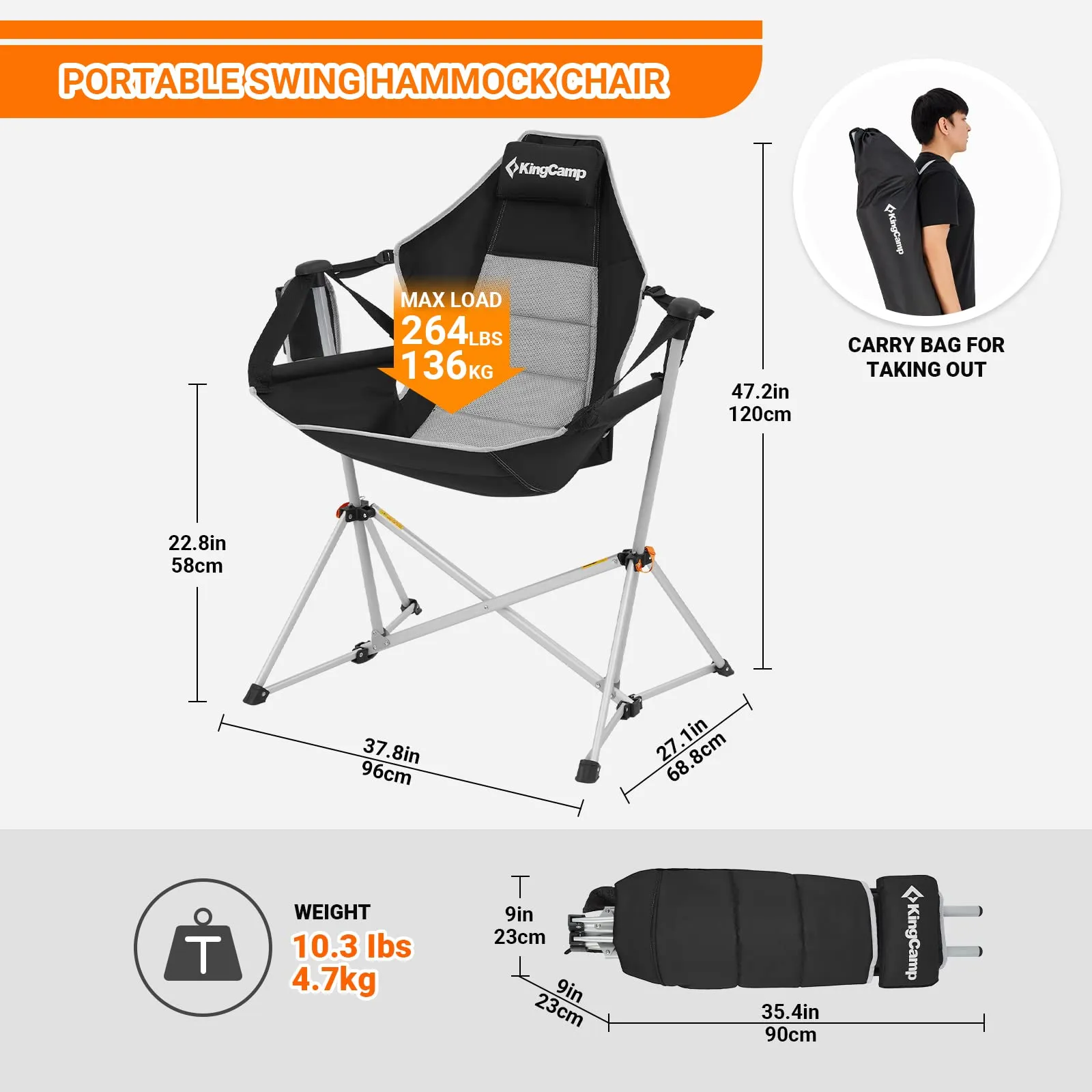 KingCamp Portable Swing Recliner Chair with Pillow