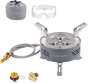 KOSHA Portable Camping Gas Stove, 27,304 BTUs Mini Butane Stove with Storage Bag & Foldable Brackets, 3 Burners Camp Stove, Windproof