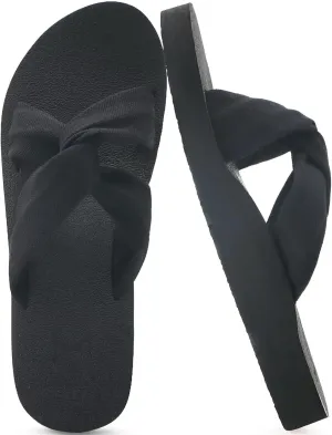 KuaiLu Womens Dressy Sandals Arch Support Yoga Mat Memory Foam Comfortable Cushion Walking Cross Slides Ladies Summer Beach Pool Slip on Orthotic Travel Essentials Outfits Slippers Black 8.5