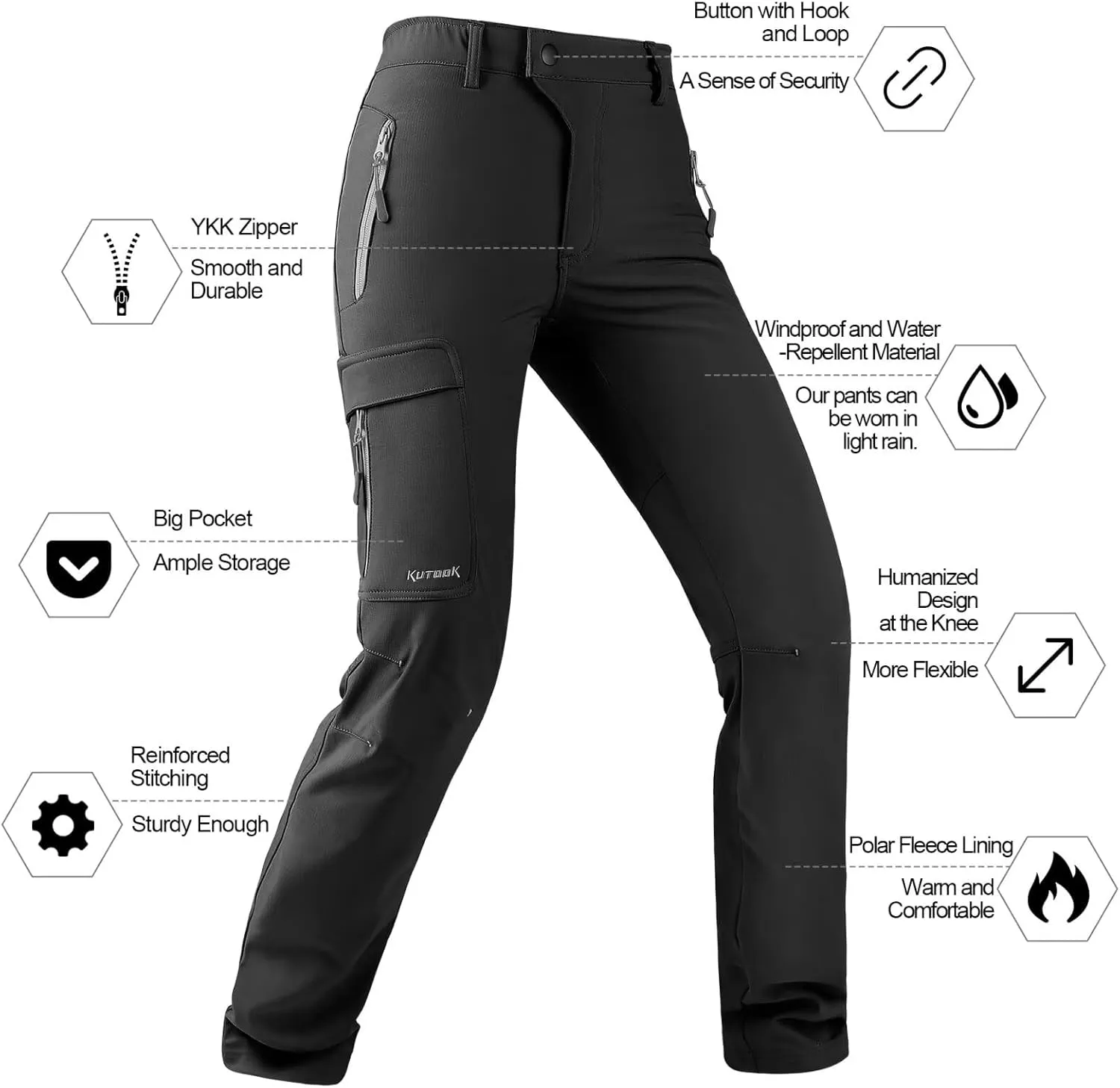 KUTOOK Women's Thermal Softshell Hiking Pants Windproof Polar Fleece Lined Cargo Pants for Winter Outdoor Sports