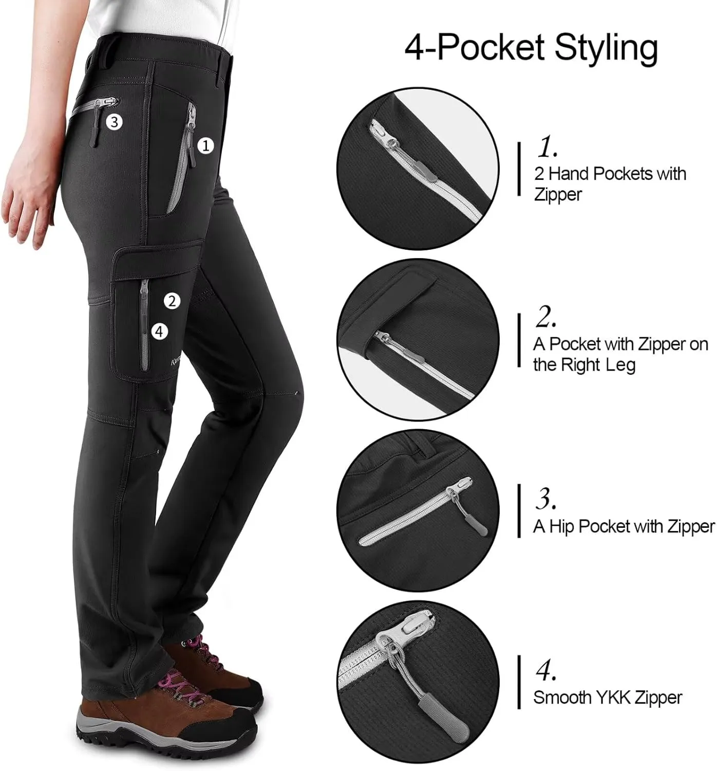 KUTOOK Women's Thermal Softshell Hiking Pants Windproof Polar Fleece Lined Cargo Pants for Winter Outdoor Sports