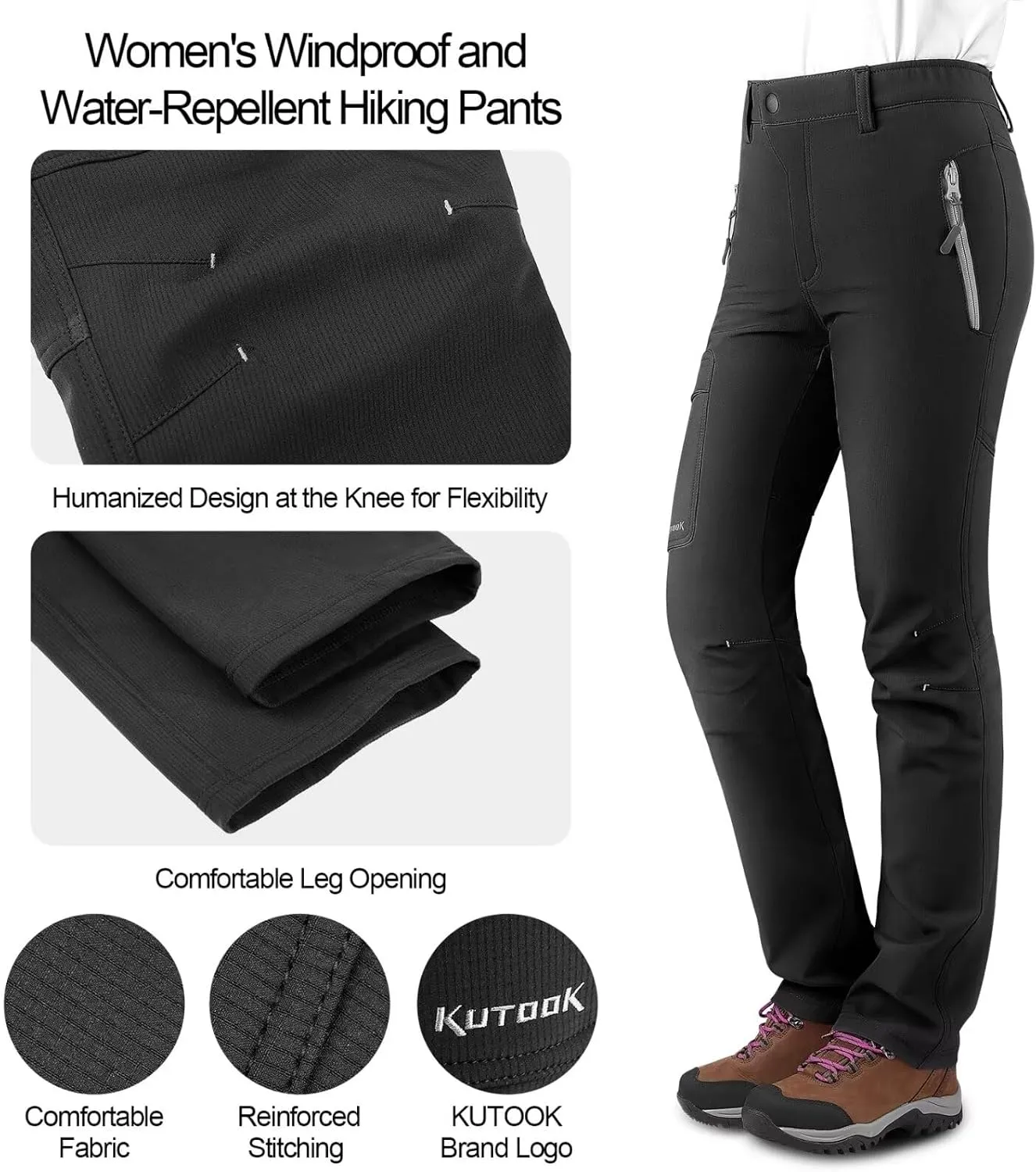 KUTOOK Women's Thermal Softshell Hiking Pants Windproof Polar Fleece Lined Cargo Pants for Winter Outdoor Sports