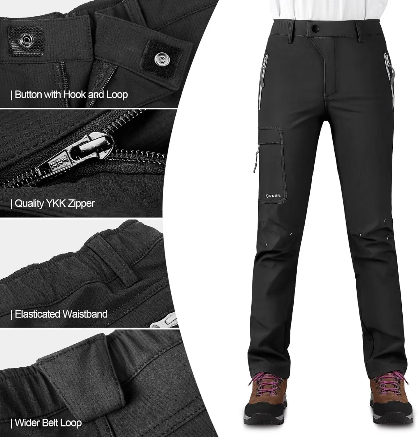 KUTOOK Women's Thermal Softshell Hiking Pants Windproof Polar Fleece Lined Cargo Pants for Winter Outdoor Sports