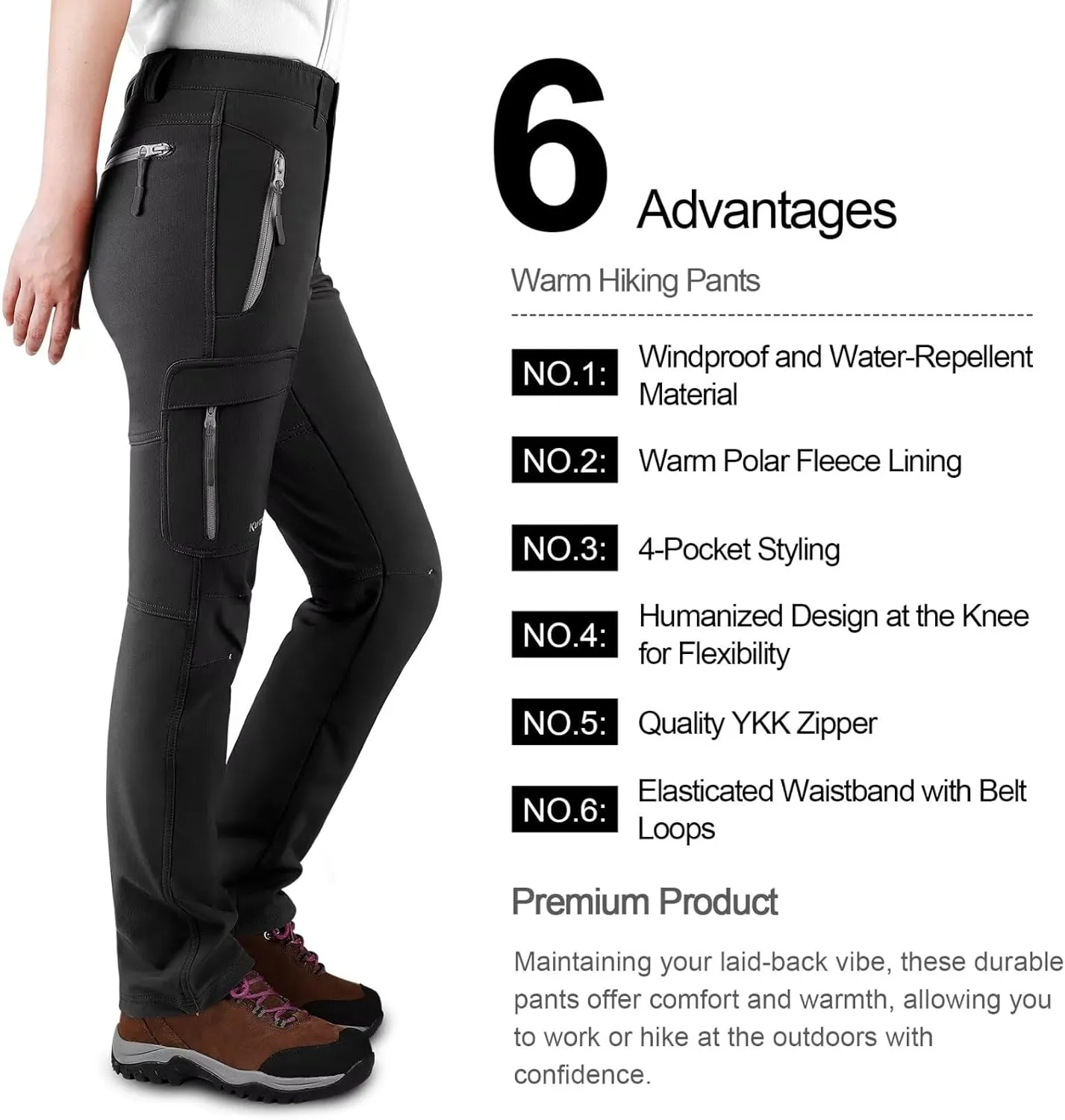 KUTOOK Women's Thermal Softshell Hiking Pants Windproof Polar Fleece Lined Cargo Pants for Winter Outdoor Sports