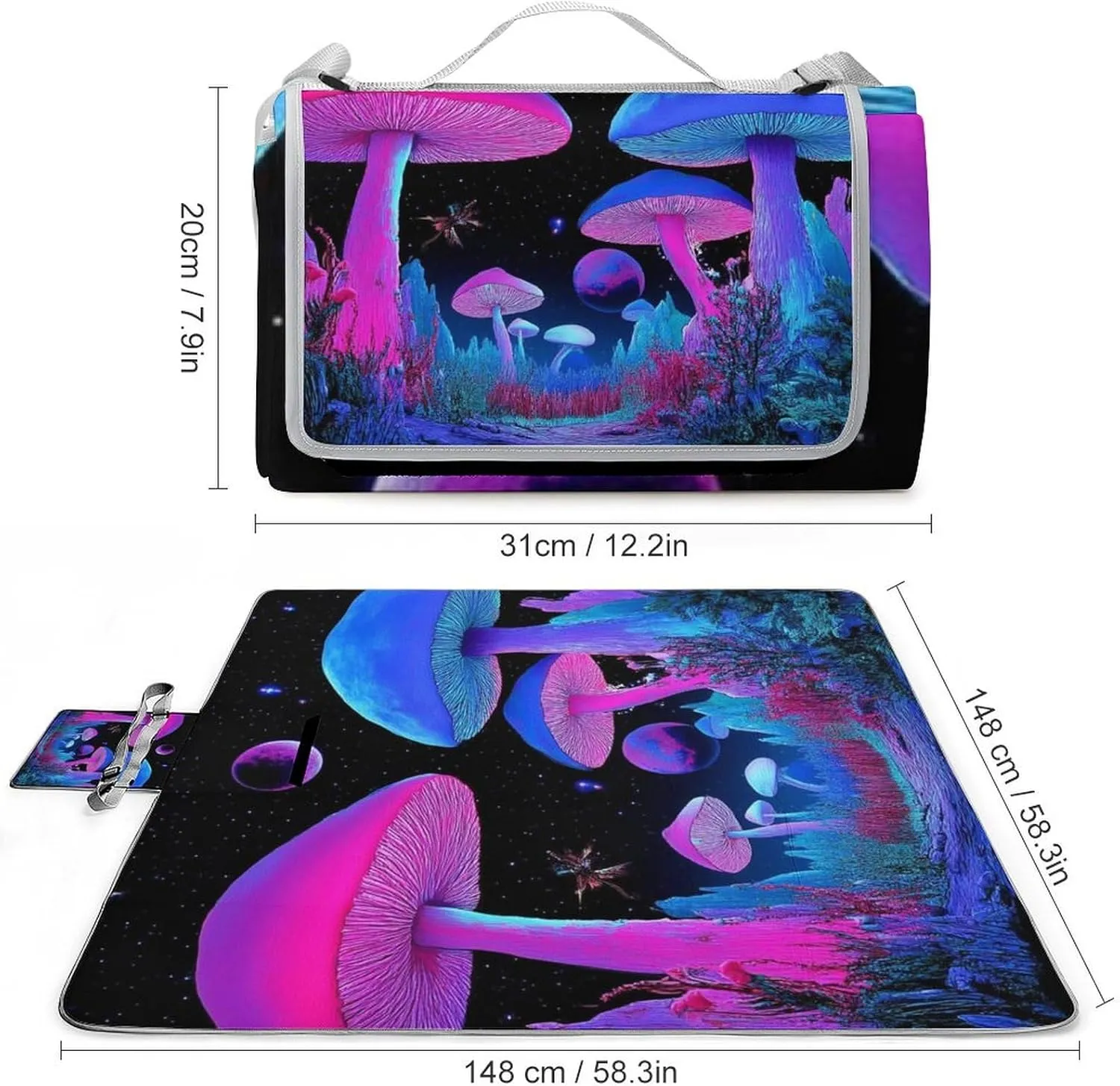 Large Beach Mat for Women Men Unisex, Foldable Waterproof Trippy Mushroom Magical World Glowing Art Blanket for Outdoor Park Travel Picnic Accessories