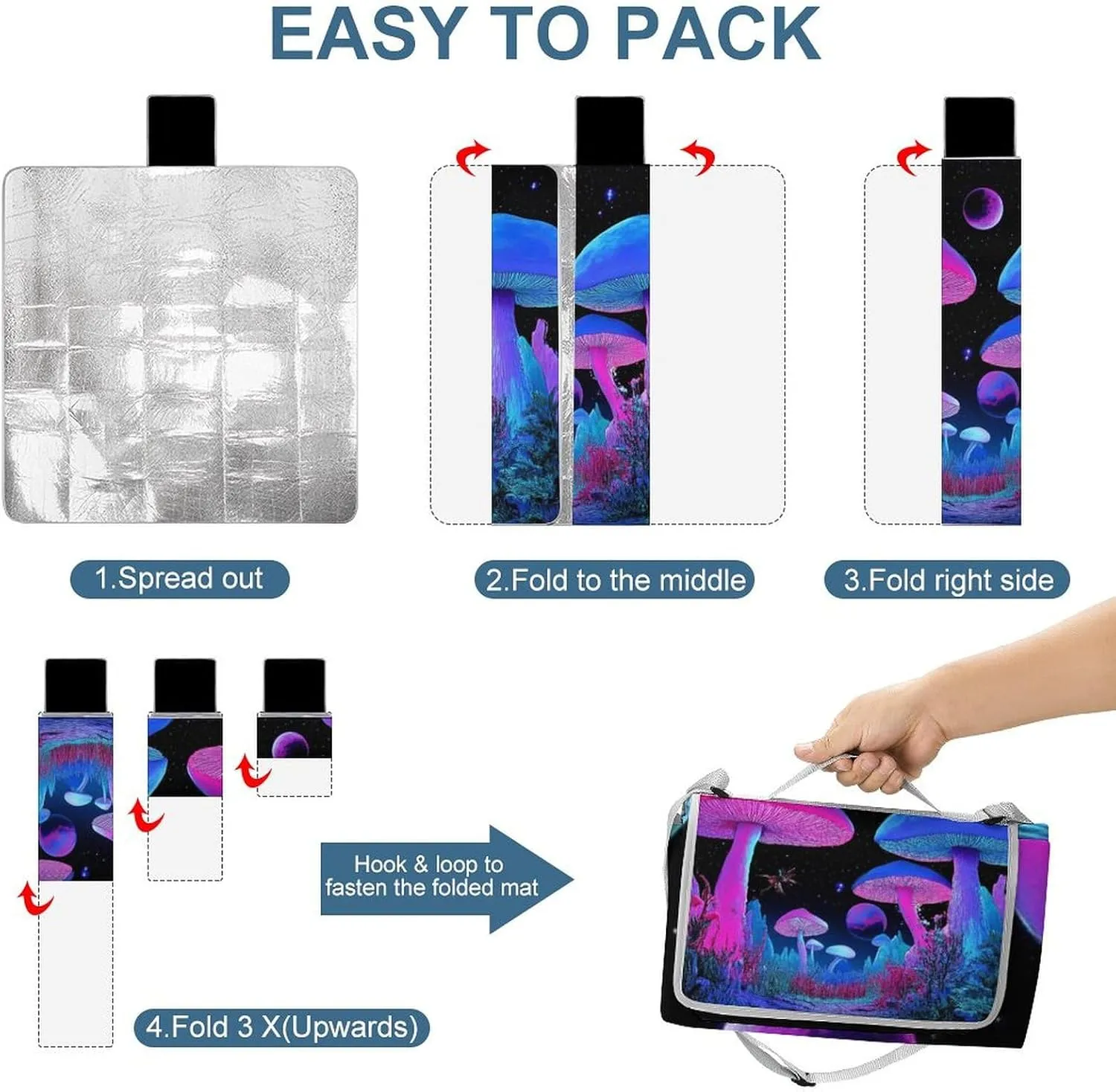 Large Beach Mat for Women Men Unisex, Foldable Waterproof Trippy Mushroom Magical World Glowing Art Blanket for Outdoor Park Travel Picnic Accessories