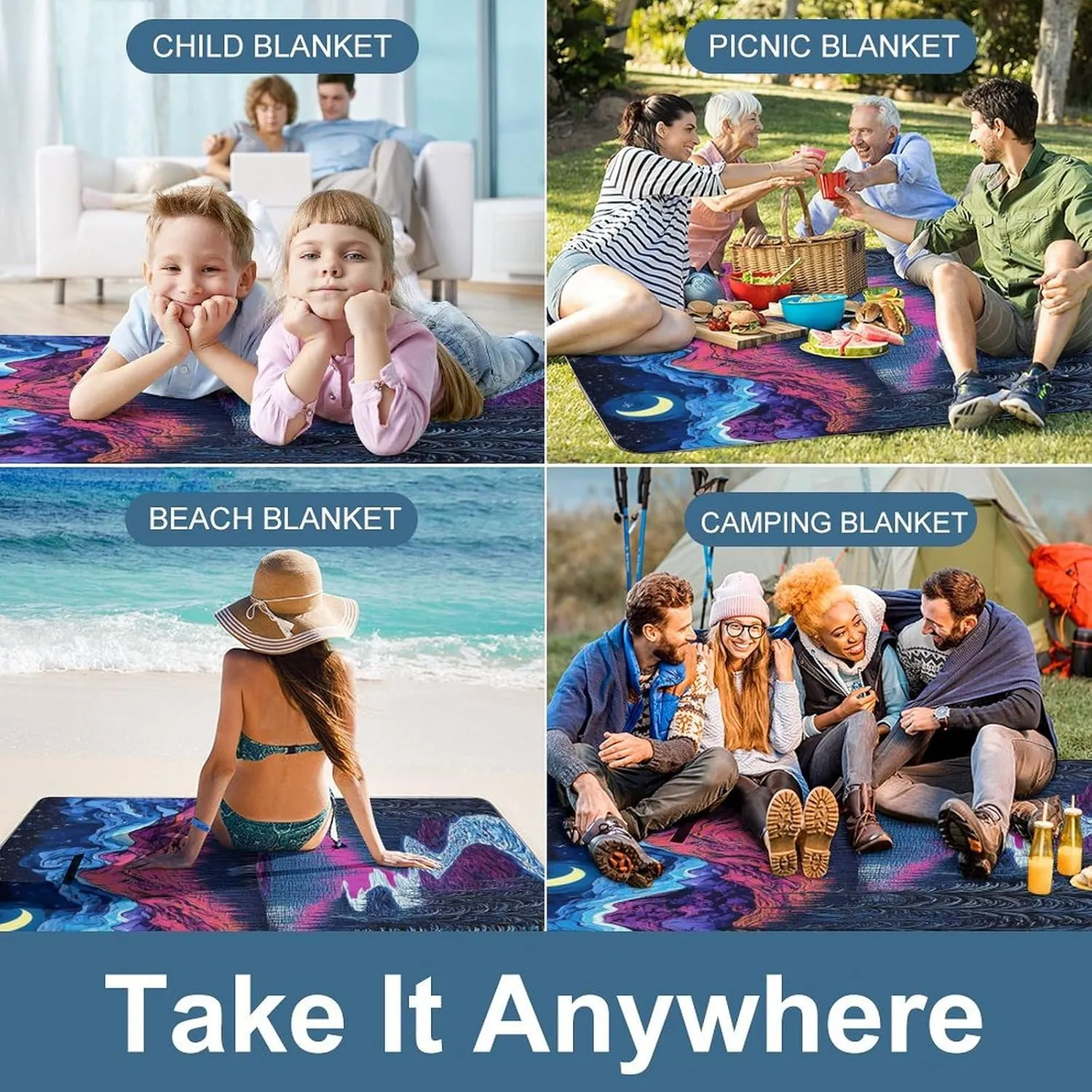 Large Beach Mat for Women Men Unisex, Foldable Waterproof Trippy Starry Sky Night Art Blanket for Outdoor Park Travel Picnic Accessories