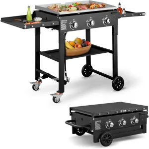 Large Capacity Folding 3-Burner Flat Top Gas Grill with Grease Collection Tray, Portable Propane Gas Grill with Side Shelf, for Picnicking Camping