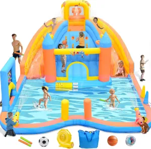 Large Inflatable Water Double Slides Park, 16x13x8 FT Water Bounce House with Heave Duty Air Blower, Climbing Wall, Splash Pool, 2 Water Cannon, Ball Games, Bouncer for Kids Party Backyard Outdoor