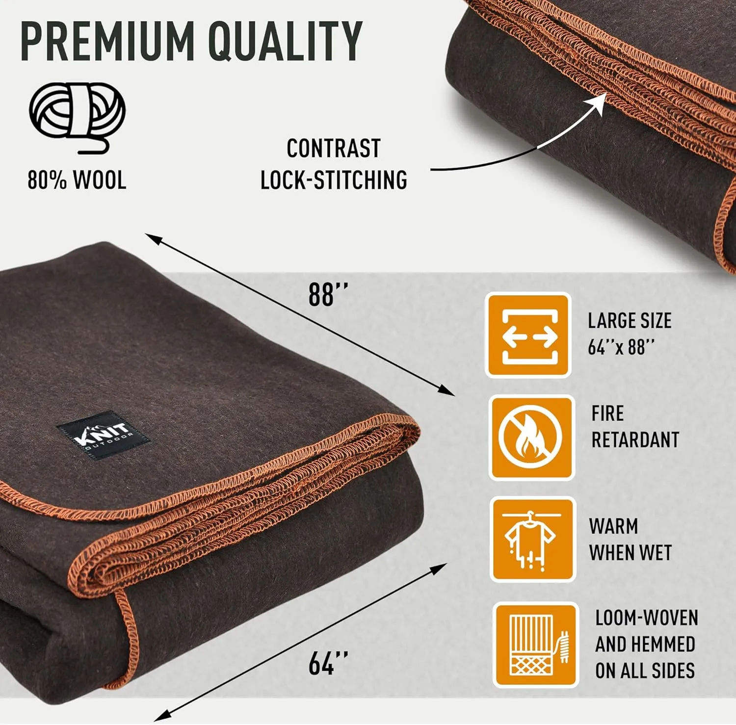 Large Military Wool Blanket - Warm & Thick Emergency Survival Blanket Great for Camping, Outdoors, Sports Events, Picnics, 4.5 lbs, 64" x 88" (Coffee Brown)