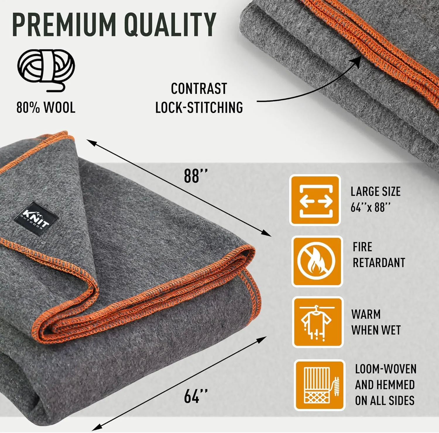 Large Military Wool Blanket - Warm & Thick Emergency Survival Blanket Great for Camping, Outdoors, Sports Events, Picnics, 4.5 lbs, 64" x 88" (Gray)