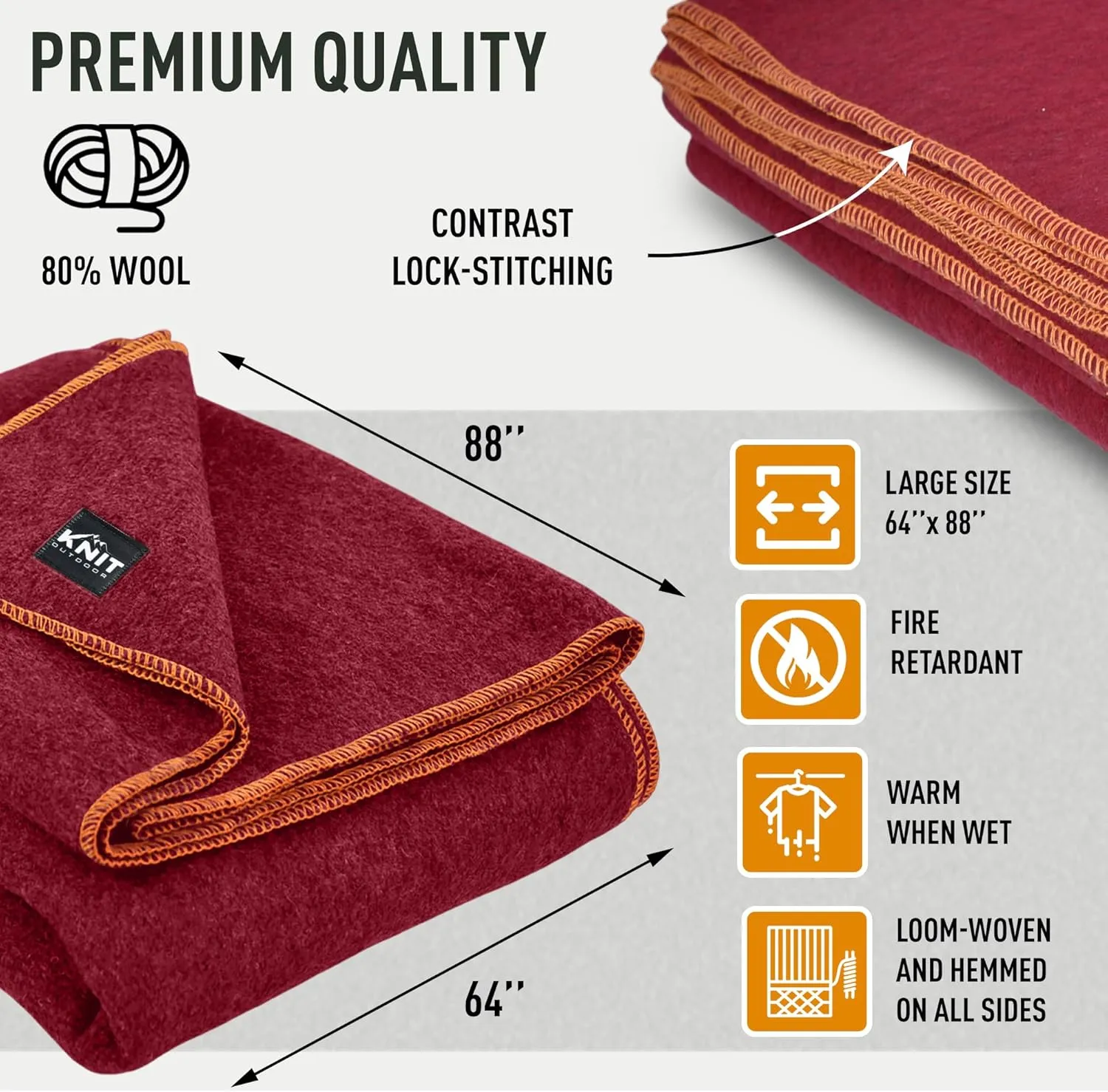 Large Military Wool Blanket - Warm & Thick Emergency Survival Blanket Great for Camping, Outdoors, Sports Events, Picnics, 4.5 lbs, 64" x 88" (Maroon)