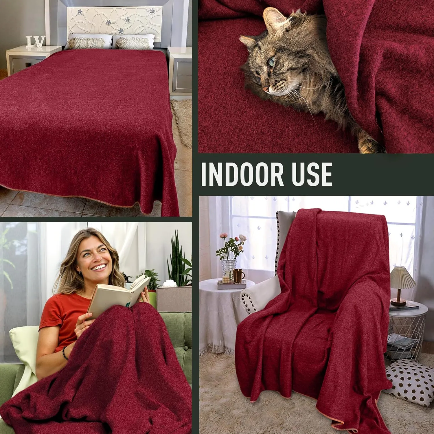 Large Military Wool Blanket - Warm & Thick Emergency Survival Blanket Great for Camping, Outdoors, Sports Events, Picnics, 4.5 lbs, 64" x 88" (Maroon)