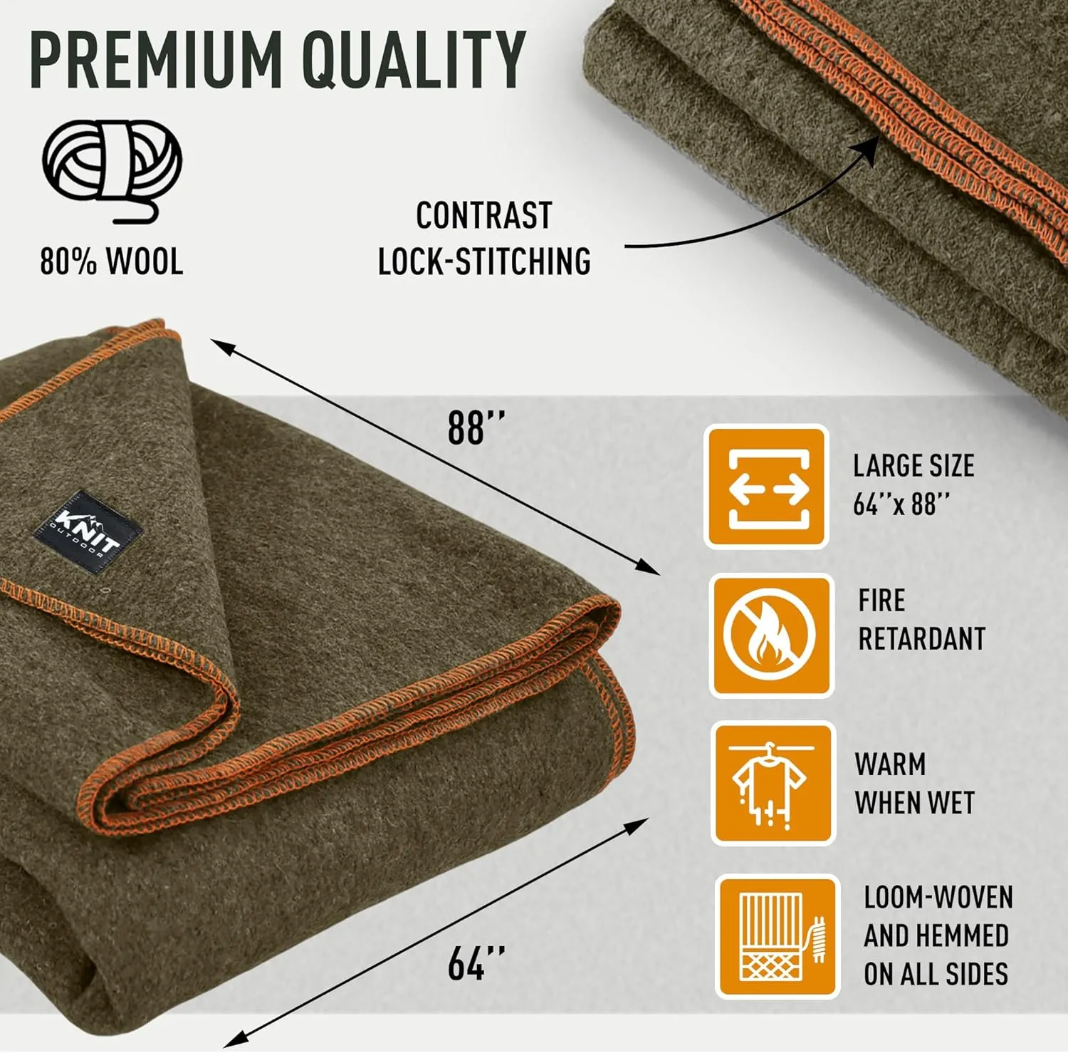 Large Military Wool Blanket - Warm & Thick Emergency Survival Blanket Great for Camping, Outdoors, Sports Events, Picnics, 4.5 lbs, 64" x 88" (Olive Green)