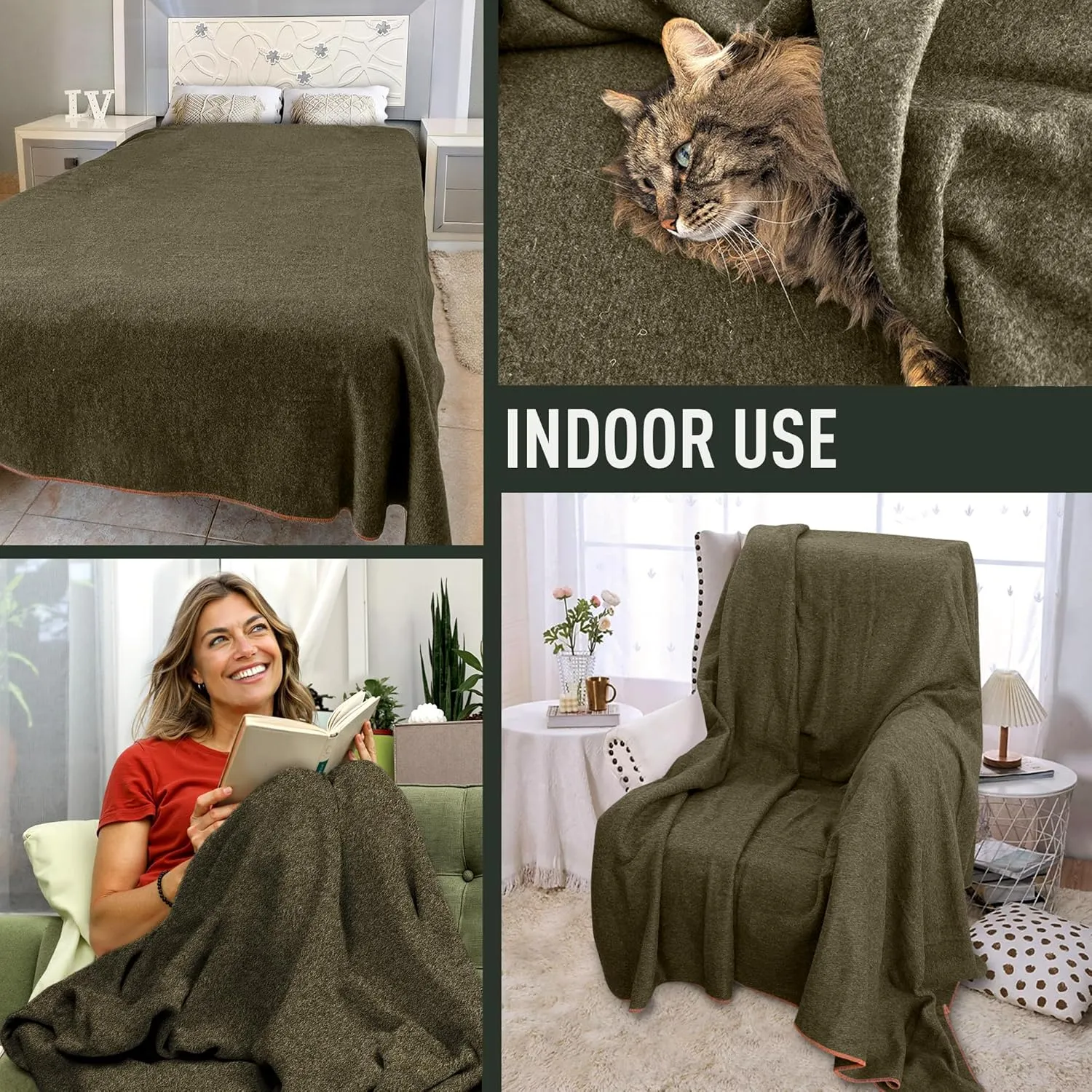 Large Military Wool Blanket - Warm & Thick Emergency Survival Blanket Great for Camping, Outdoors, Sports Events, Picnics, 4.5 lbs, 64" x 88" (Olive Green)