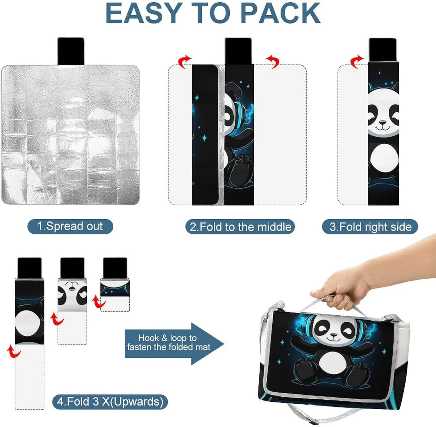 Large Waterproof Mat, Foldable Black and White Panda Animal Headphones Music Cute Panda Blanket for Beach Camping Grass Lawn Park Accessories