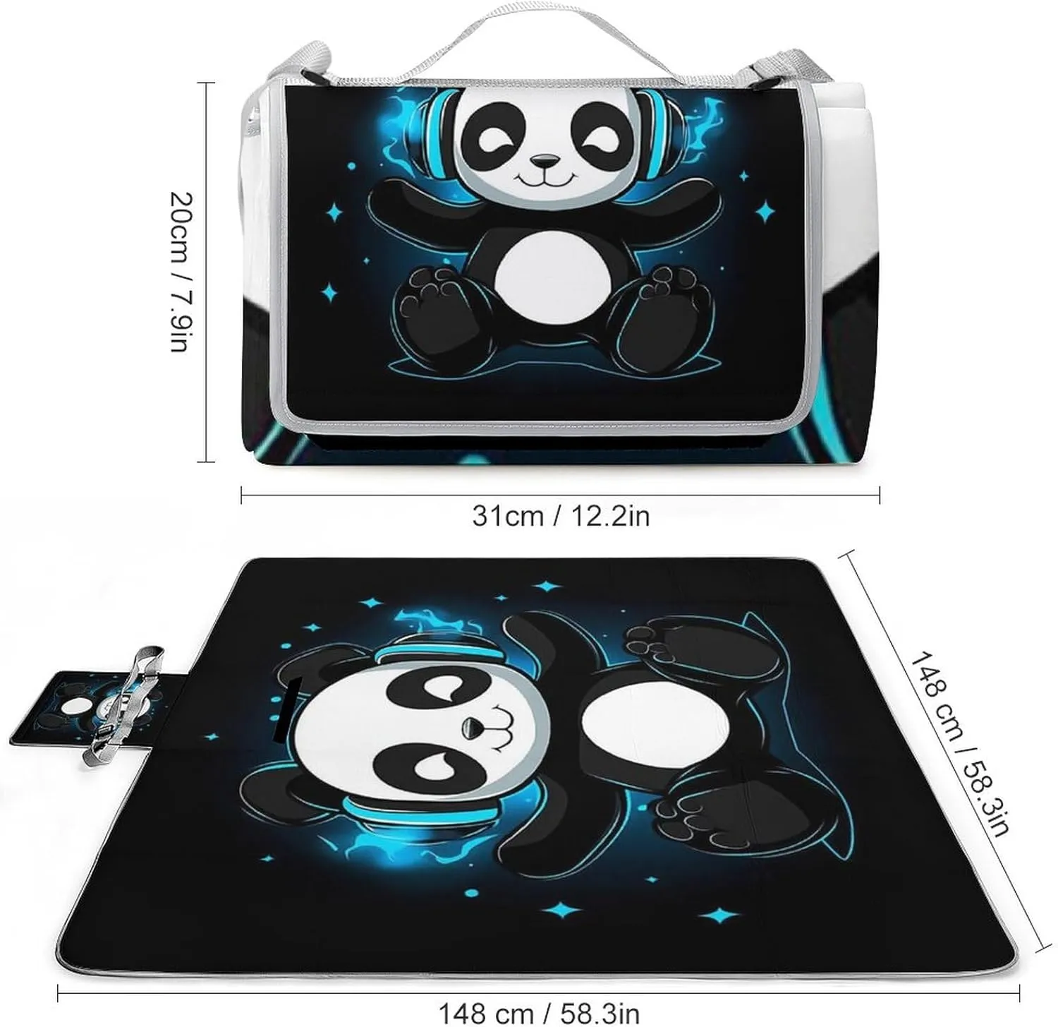 Large Waterproof Mat, Foldable Black and White Panda Animal Headphones Music Cute Panda Blanket for Beach Camping Grass Lawn Park Accessories