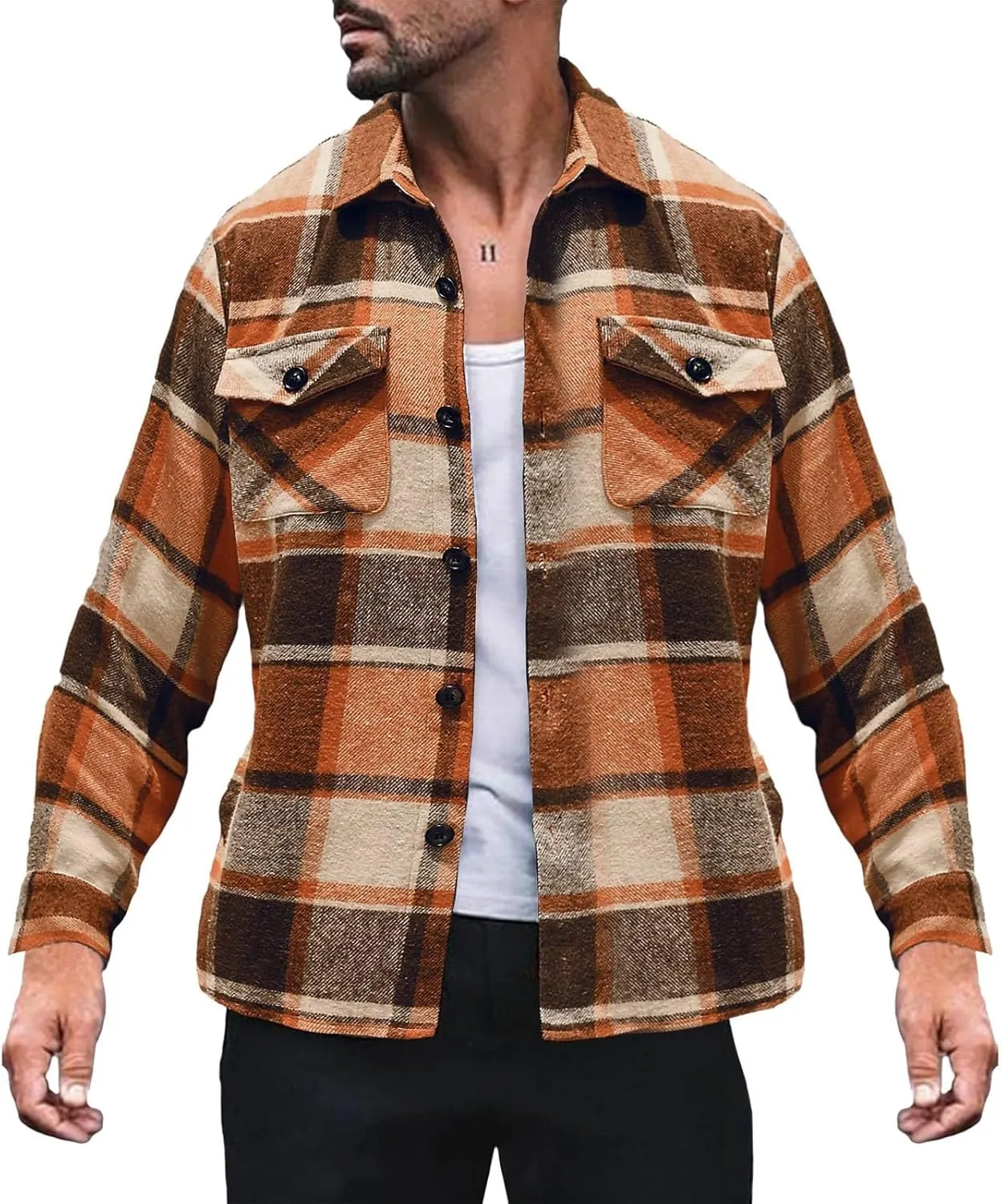 LCMTWX Men's Fleece Lined Flannel Shirt Jacket Sweatshirt Jacket Button Collar Warm Sweater Coat Shirt Plaid Cotton