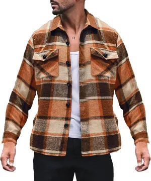 LCMTWX Men's Fleece Lined Flannel Shirt Jacket Sweatshirt Jacket Button Collar Warm Sweater Coat Shirt Plaid Cotton