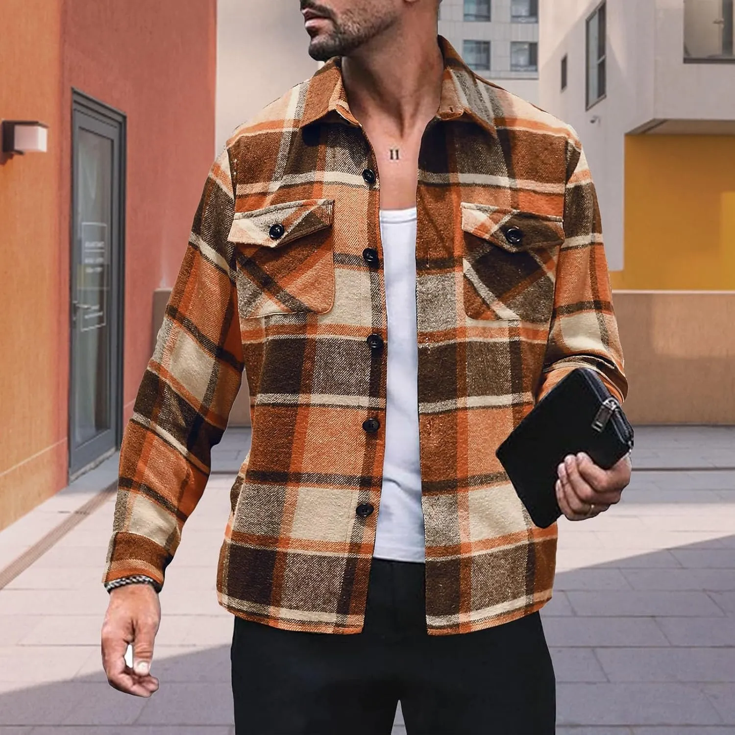 LCMTWX Men's Fleece Lined Flannel Shirt Jacket Sweatshirt Jacket Button Collar Warm Sweater Coat Shirt Plaid Cotton