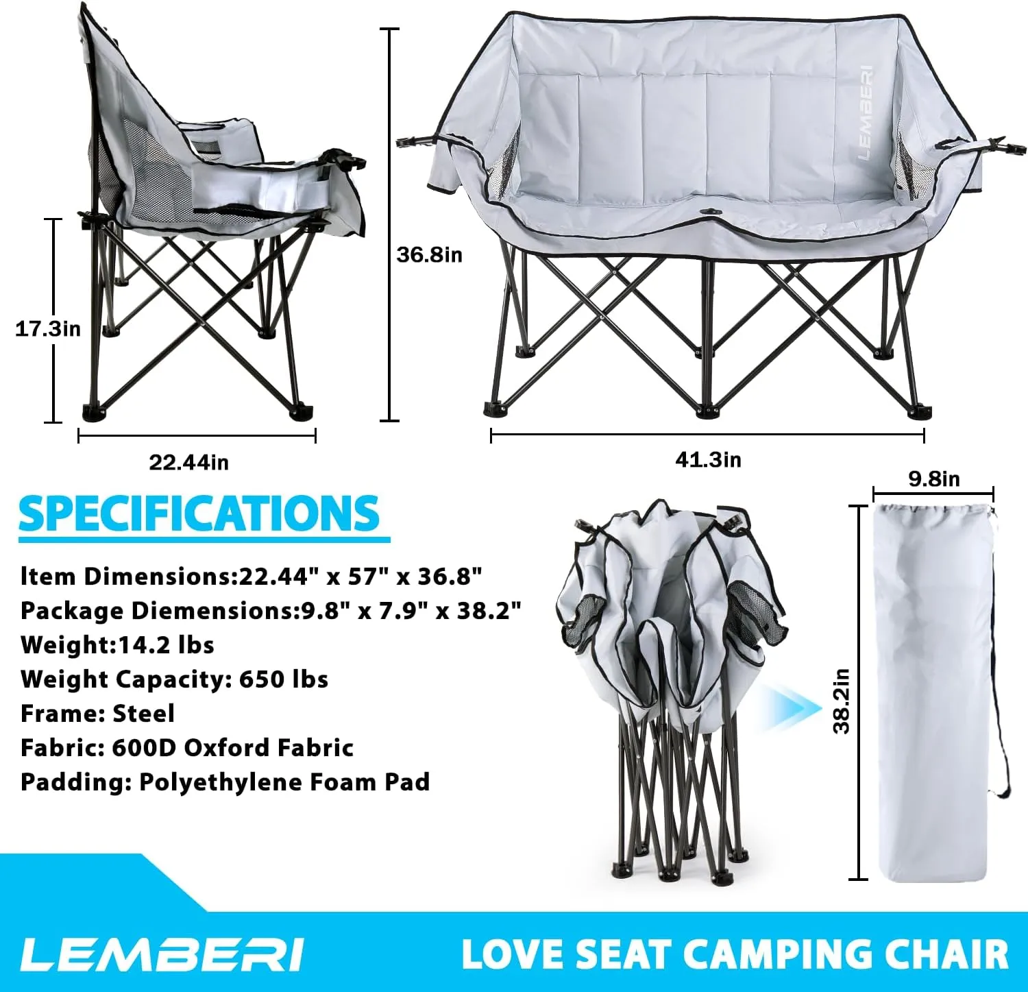 LEMBERI Oversized Outdoor Double Camping Chair with Strap, Heavy Duty Padded Portable Folding Loveseat for Adults, 2 Person Camping Couch with Cup Holders, Glass Holders, Back Storage Bag, Gray