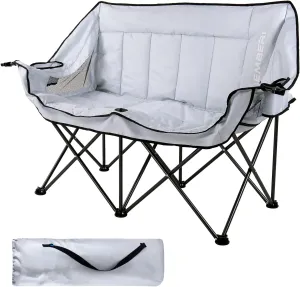 LEMBERI Oversized Outdoor Double Camping Chair with Strap, Heavy Duty Padded Portable Folding Loveseat for Adults, 2 Person Camping Couch with Cup Holders, Glass Holders, Back Storage Bag, Gray
