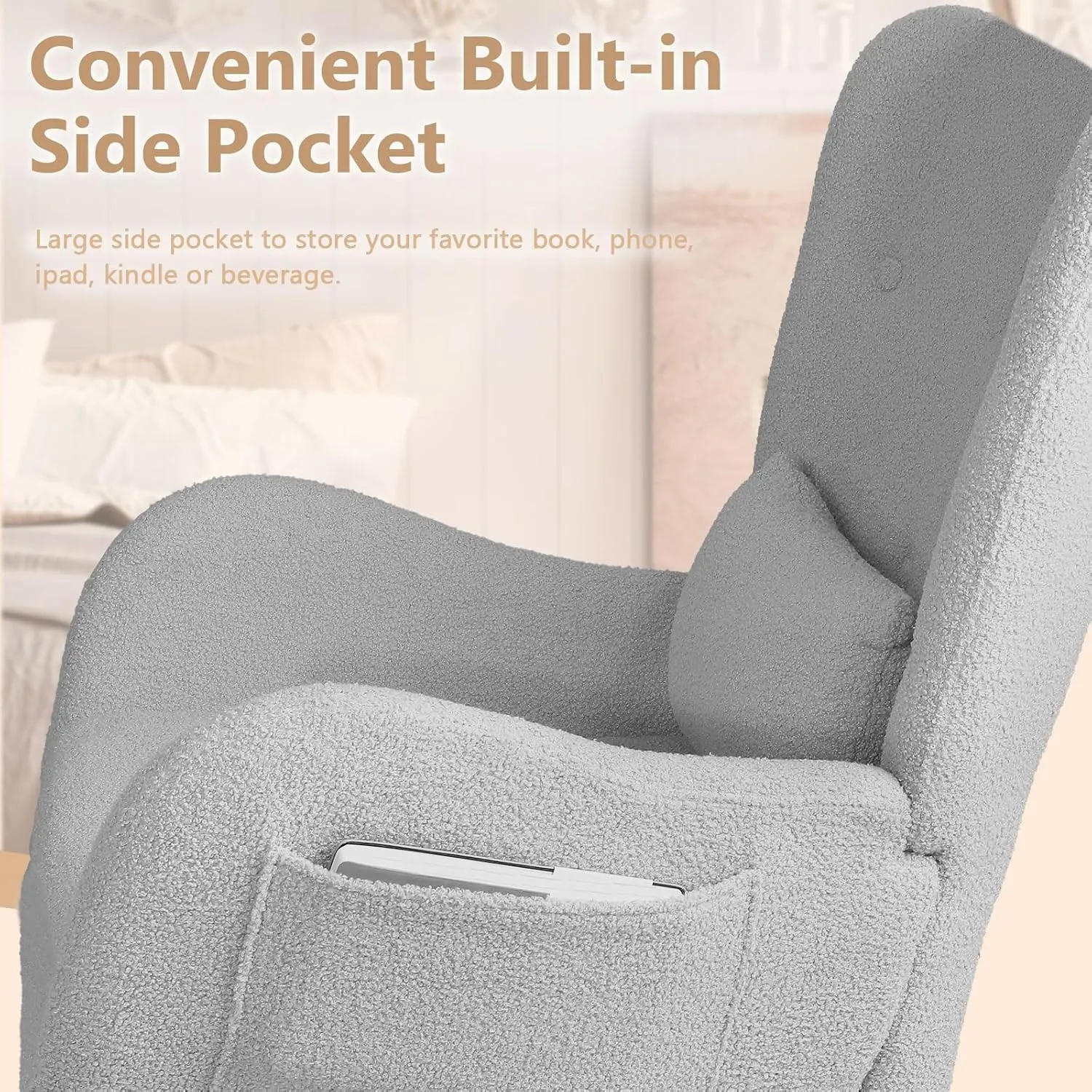LEMBERI Rocking Chair Nursery, Teddy Upholstered Padded Seat Rocking Chair with Headrest, High Backrest Glider Accent Chair for Bedroom, Nursery, Living Room (Light Gray)