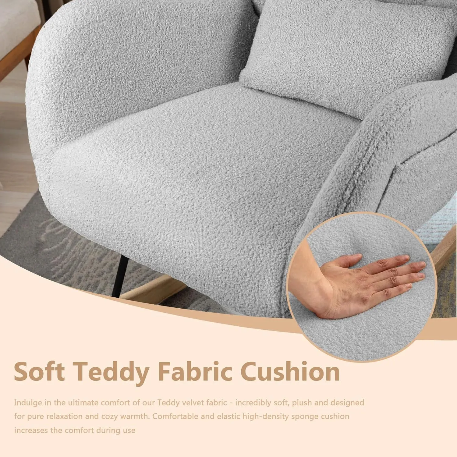 LEMBERI Rocking Chair Nursery, Teddy Upholstered Padded Seat Rocking Chair with Headrest, High Backrest Glider Accent Chair for Bedroom, Nursery, Living Room (Light Gray)