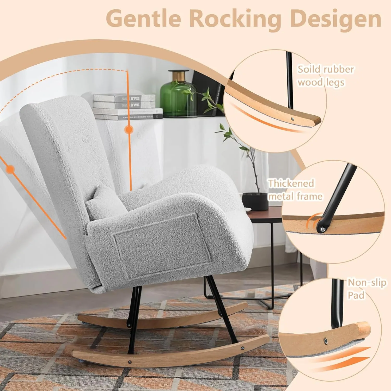 LEMBERI Rocking Chair Nursery, Teddy Upholstered Padded Seat Rocking Chair with Headrest, High Backrest Glider Accent Chair for Bedroom, Nursery, Living Room (Light Gray)