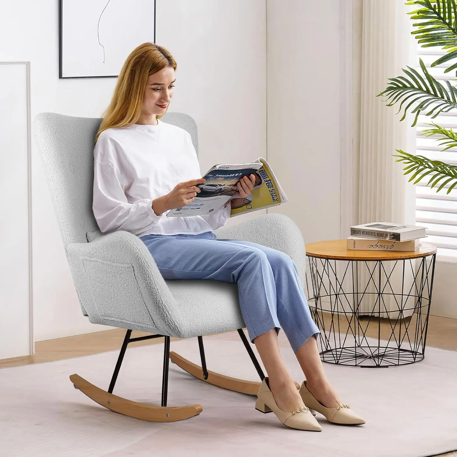 LEMBERI Rocking Chair Nursery, Teddy Upholstered Padded Seat Rocking Chair with Headrest, High Backrest Glider Accent Chair for Bedroom, Nursery, Living Room (Light Gray)
