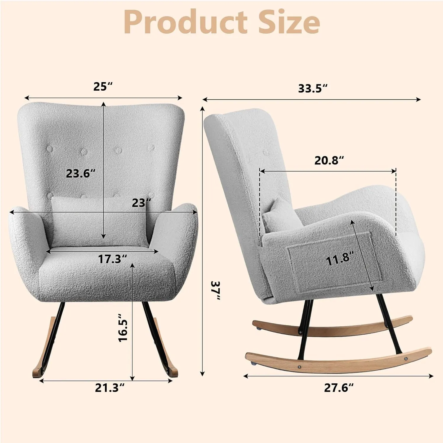 LEMBERI Rocking Chair Nursery, Teddy Upholstered Padded Seat Rocking Chair with Headrest, High Backrest Glider Accent Chair for Bedroom, Nursery, Living Room (Light Gray)