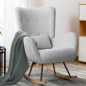 LEMBERI Rocking Chair Nursery, Teddy Upholstered Padded Seat Rocking Chair with Headrest, High Backrest Glider Accent Chair for Bedroom, Nursery, Living Room (Light Gray)