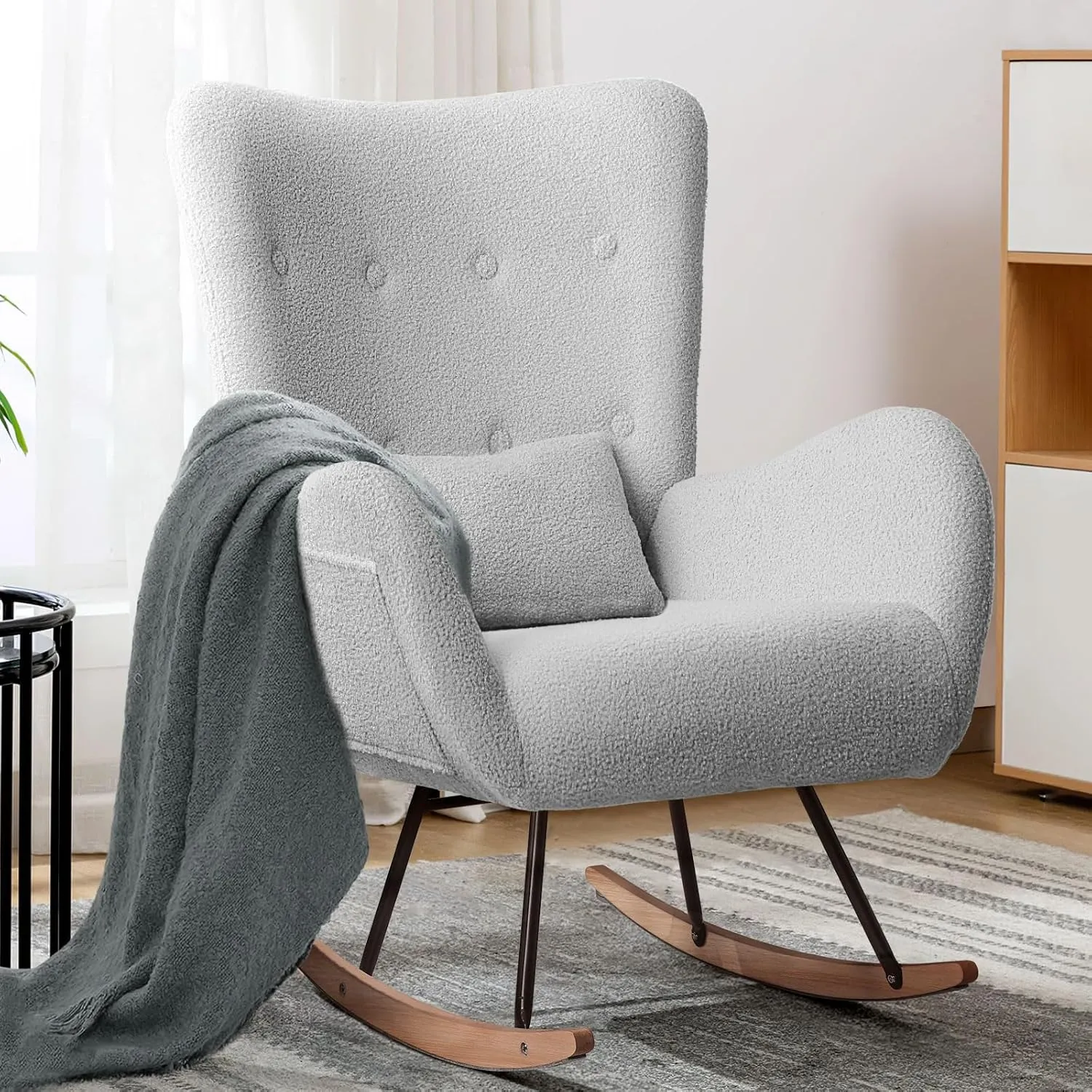 LEMBERI Rocking Chair Nursery, Teddy Upholstered Padded Seat Rocking Chair with Headrest, High Backrest Glider Accent Chair for Bedroom, Nursery, Living Room (Light Gray)